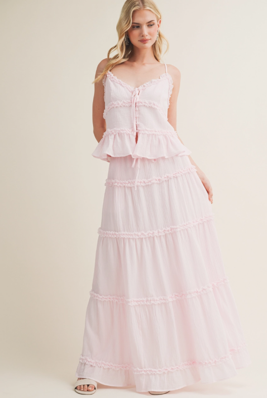 Water Lily Pink Gathered Ruffle Tier Maxi Skirt