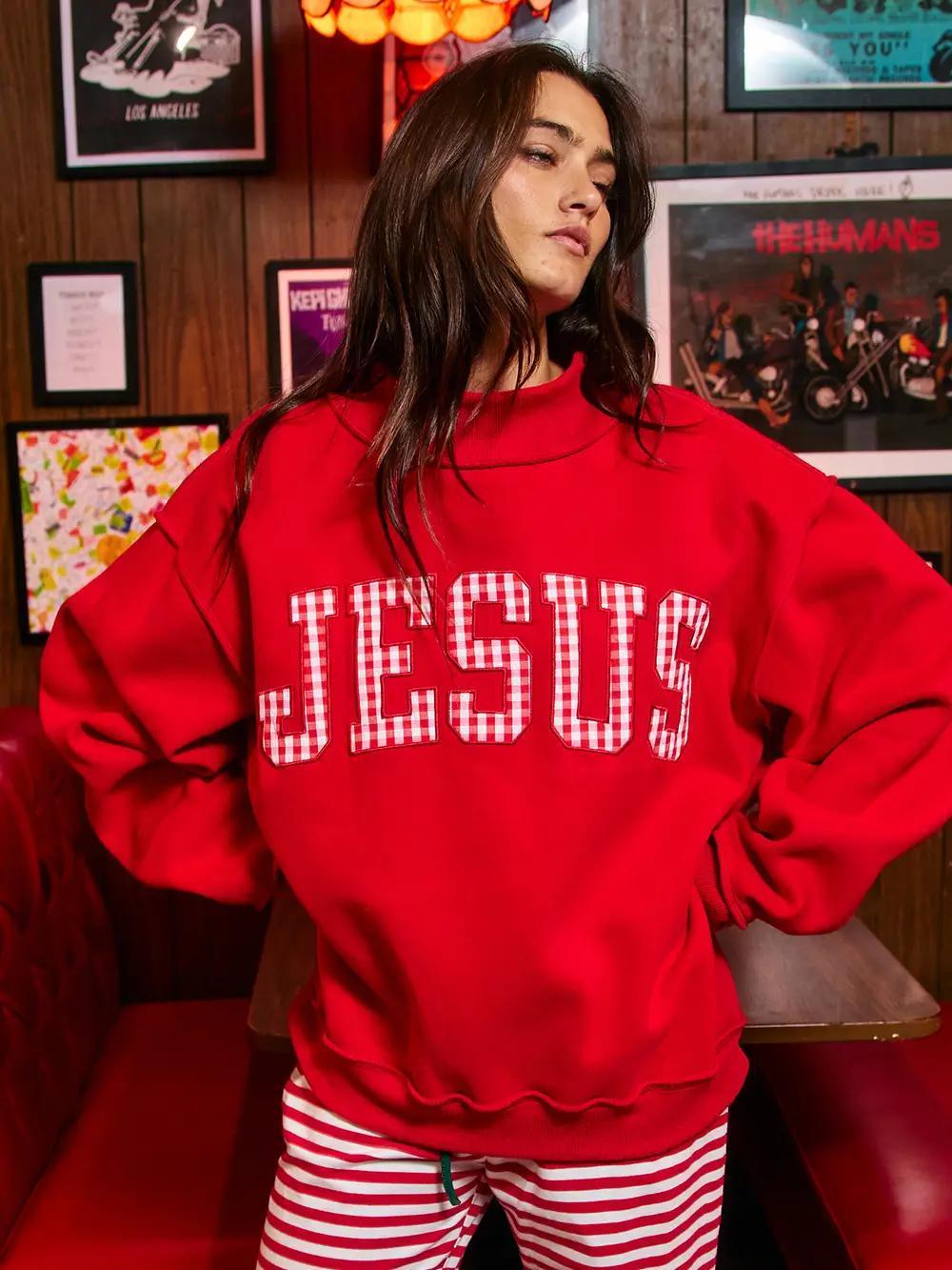 'Jesus' Red Gingham Applique Mock-Neck Sweatshirt