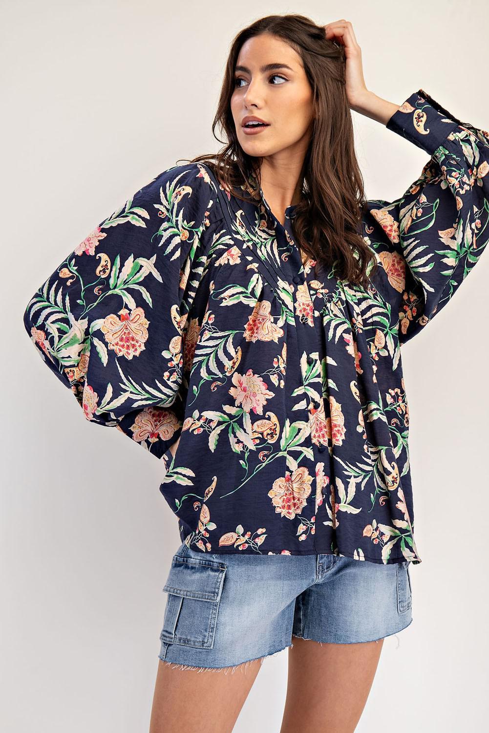 Blue Sapphire Pleated Long Sleeve Top