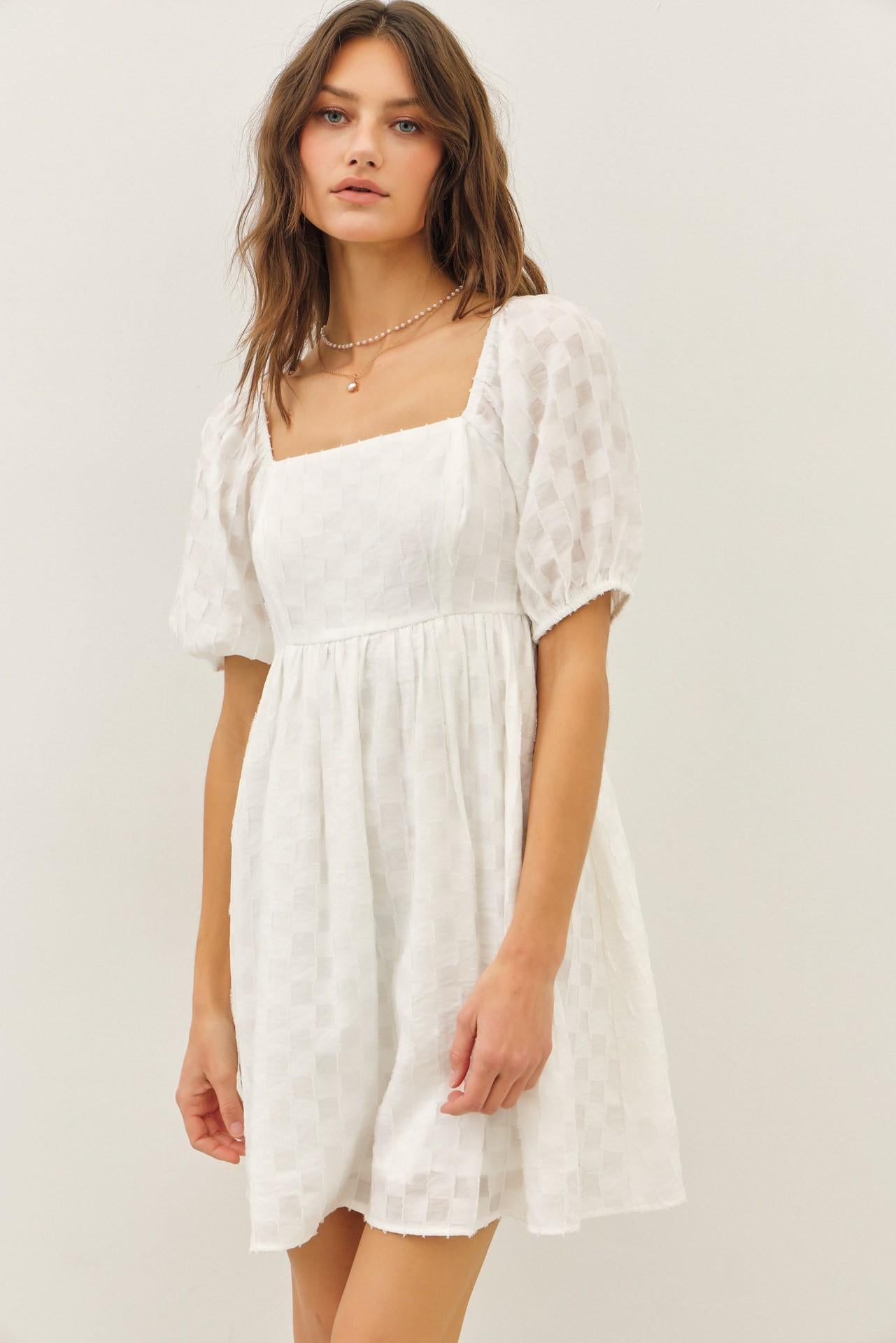 Smocked Back Textured Babydoll Mini Dress