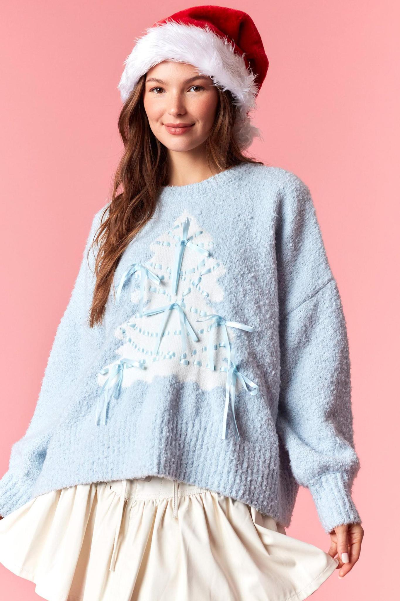 Christmas Tree Sweater W/ Satin Bow Detail