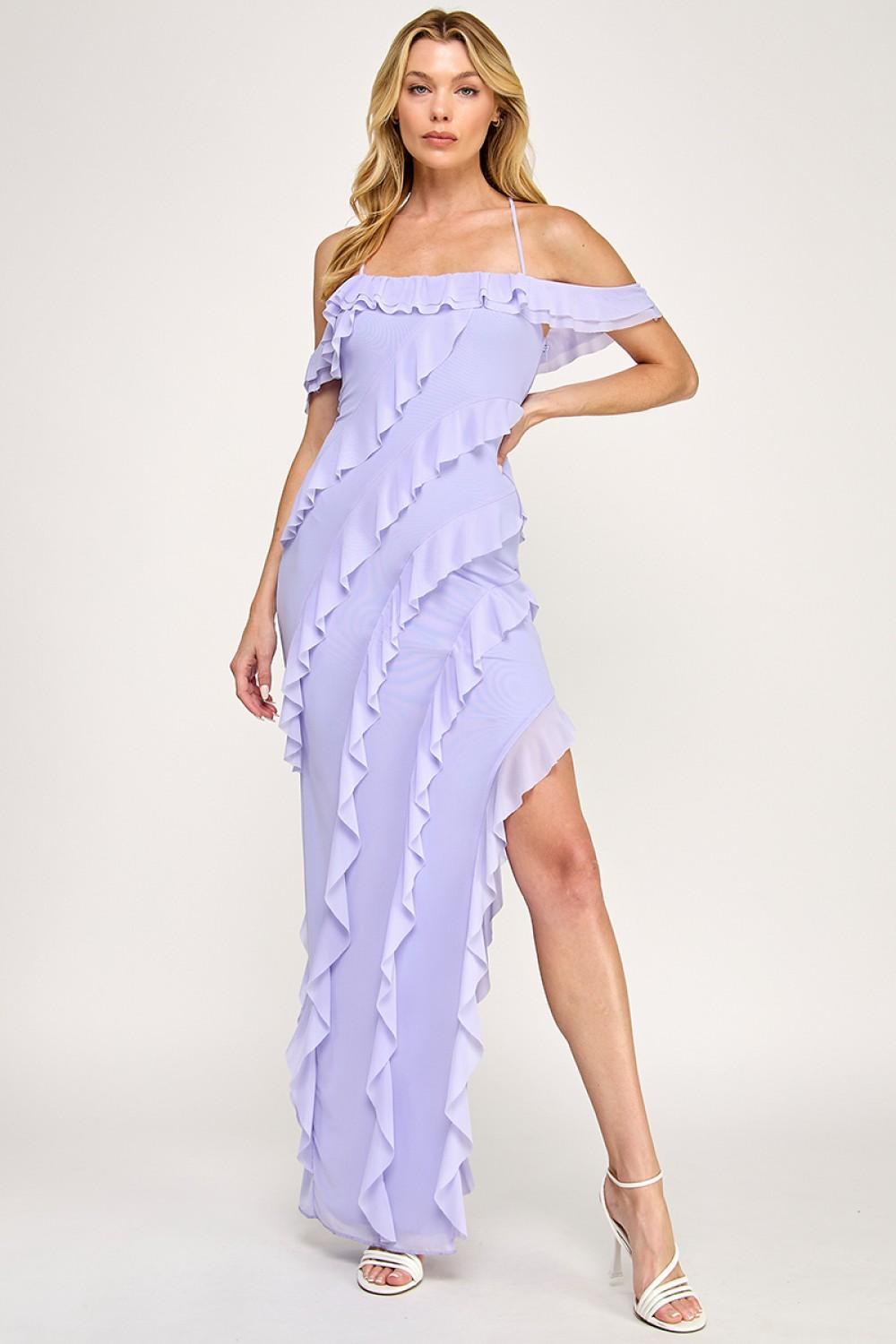 Lavender Asymmetric Ruffled Lace-Up Gown