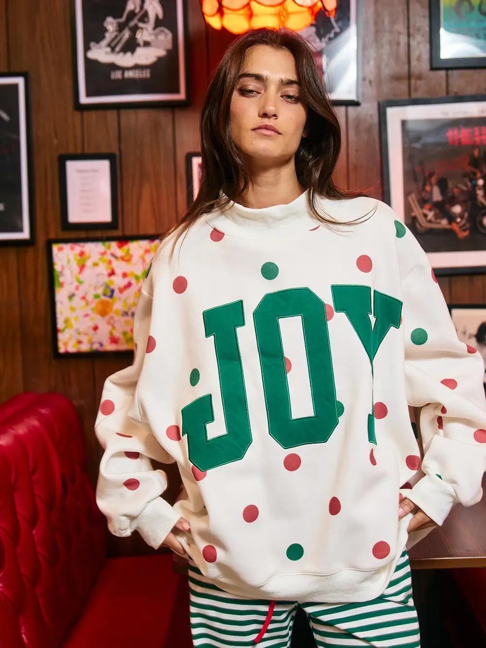 'Joy' Applique Patch Polka-Dot Mockneck Sweatshirt