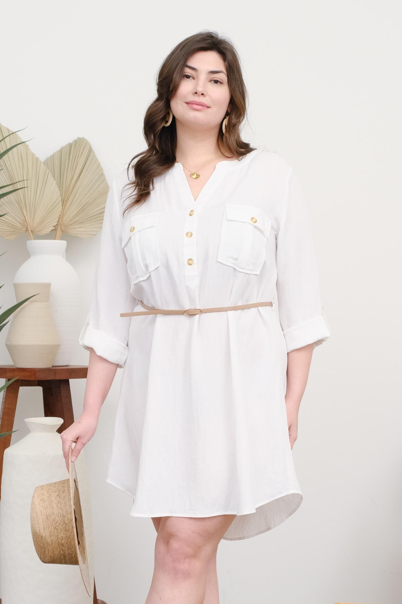 PLUS 3/4 Sleeve Belted Mini Dress
