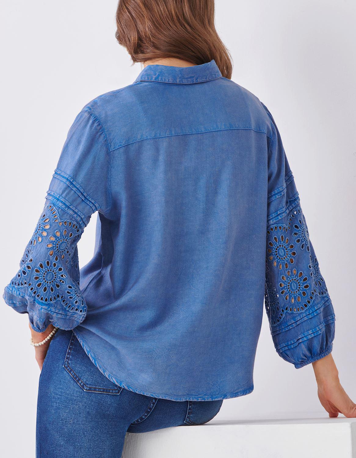Embroidered Tencel Button Up Shirt in Blue