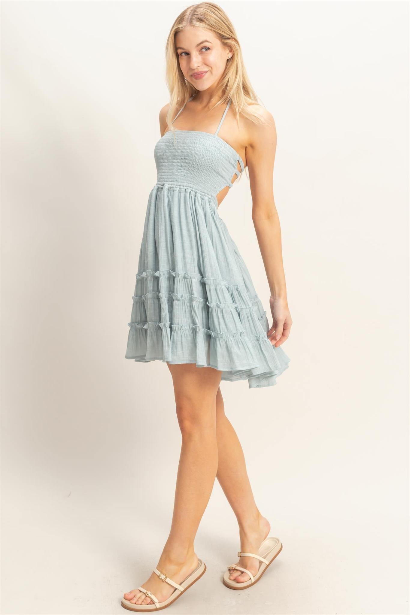 Muted Smocked Tiered Mini Dress