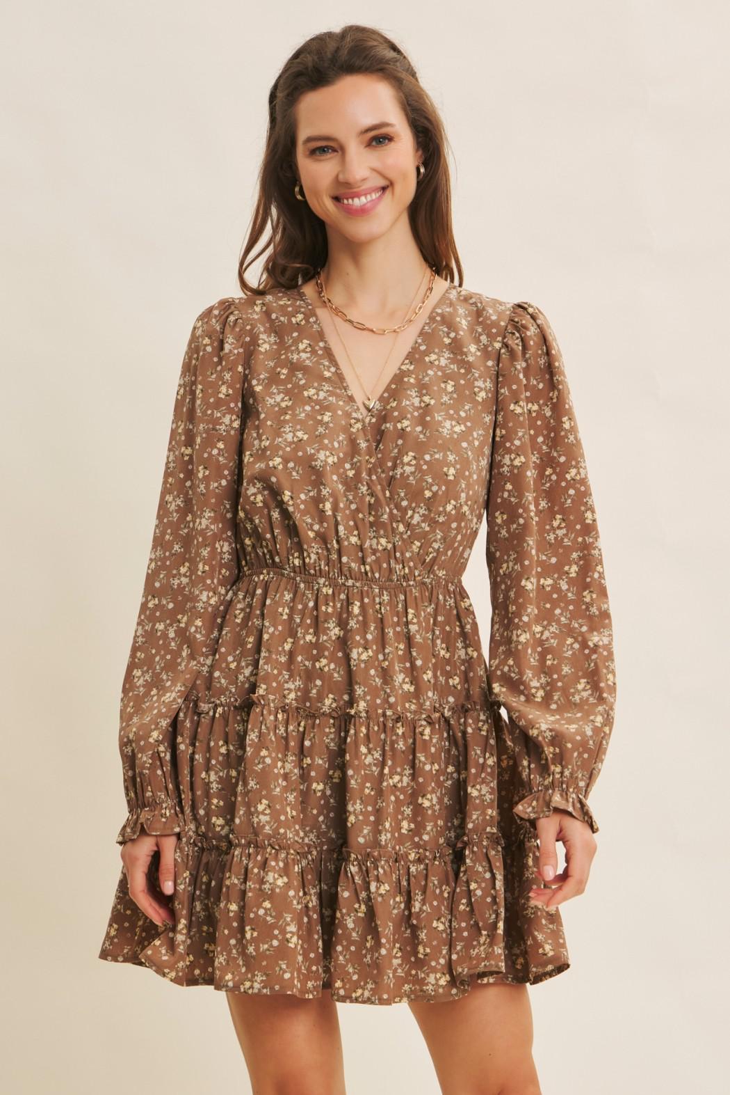 Mocha Romantic Floral Wrap Mini Dress with Ruffles