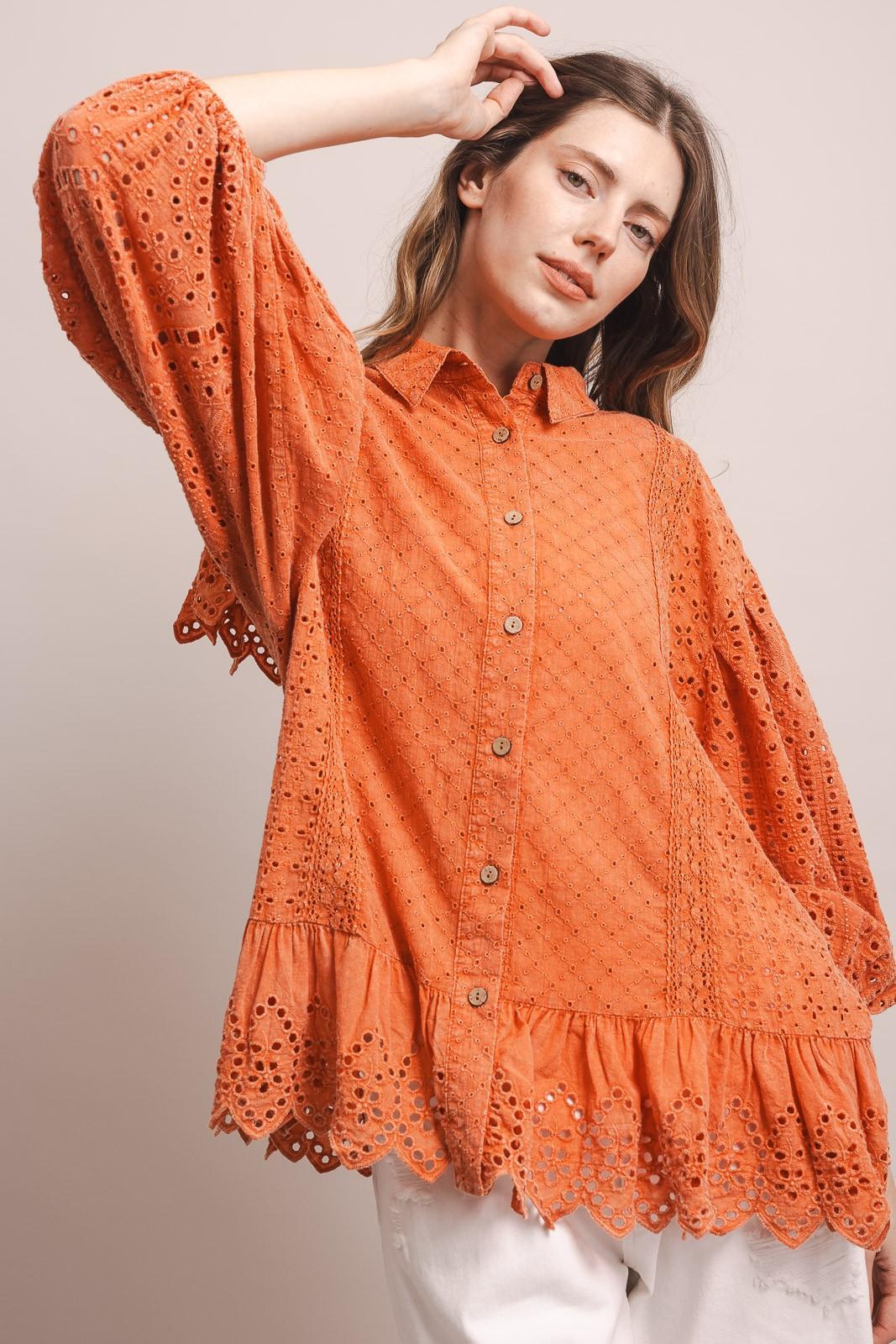 Coral 3/4 Sleeve Balloon Sleeve Eyelet Ruffle Blouse