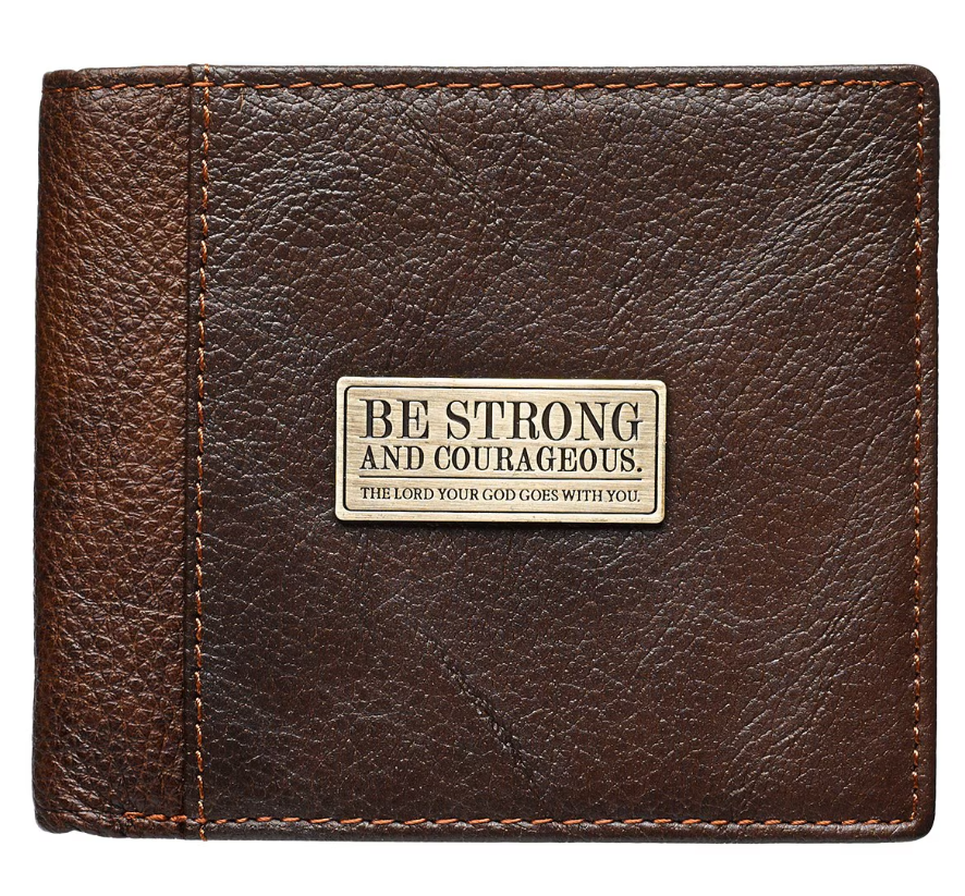 Strong and Courageous Two-tone Brown Full Grain Leather Wallet - Joshua 1:9