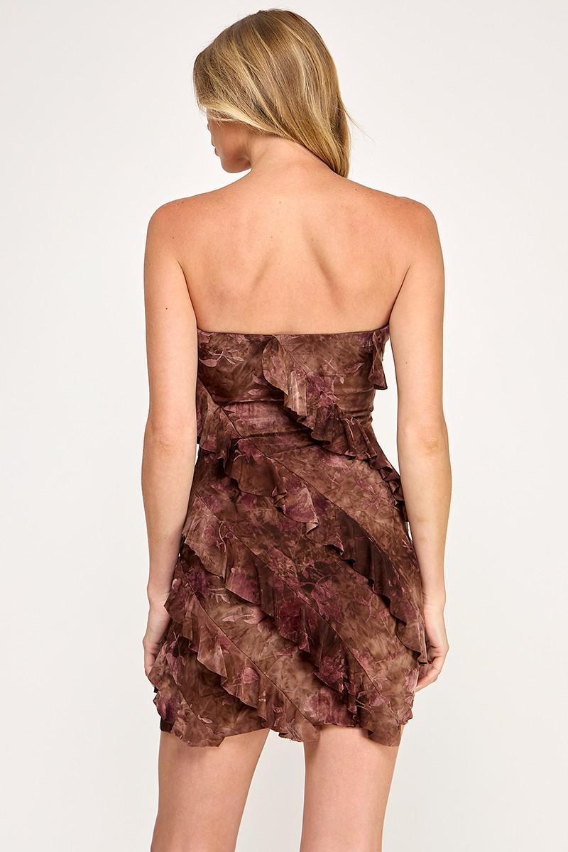 Brown Flocking Mesh Ruffle Mini Dress