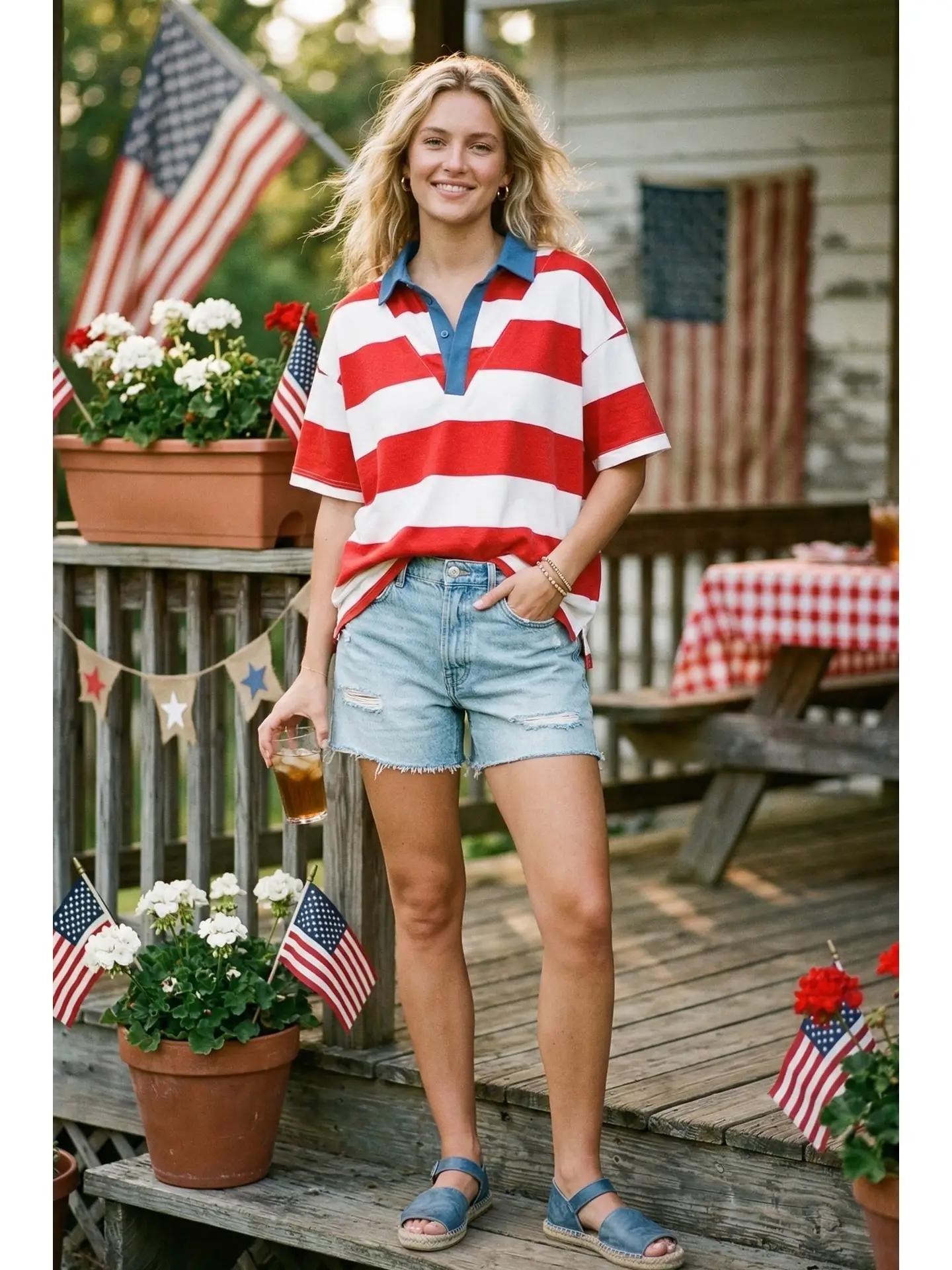 Gameday Americana Stripe Collared Top