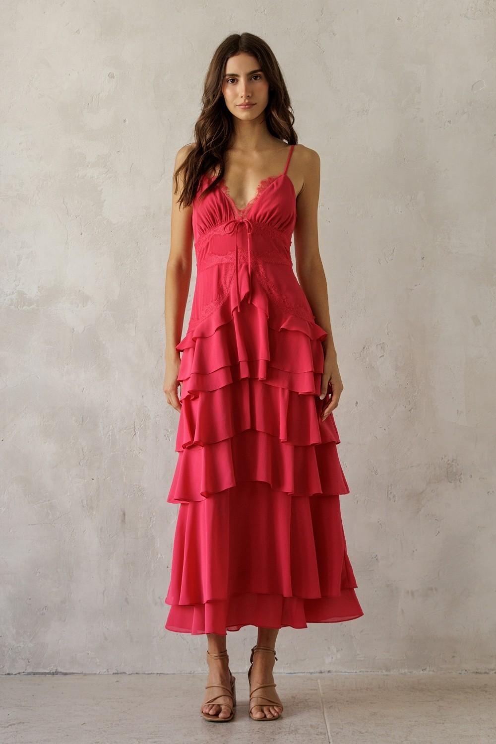 Lace Trim Tiered Midi Dress - Hot Pink