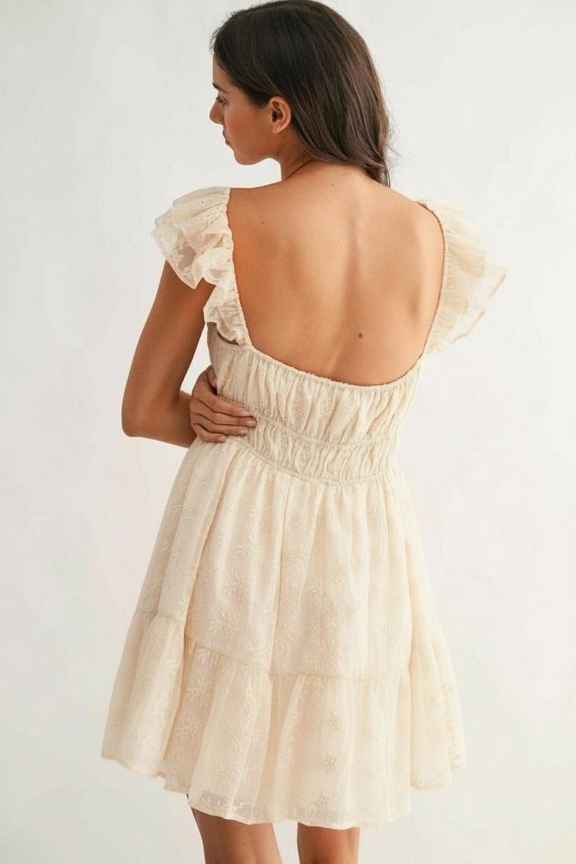 Chiffon Flutter Embroidered Sleeve Mini Dress - White