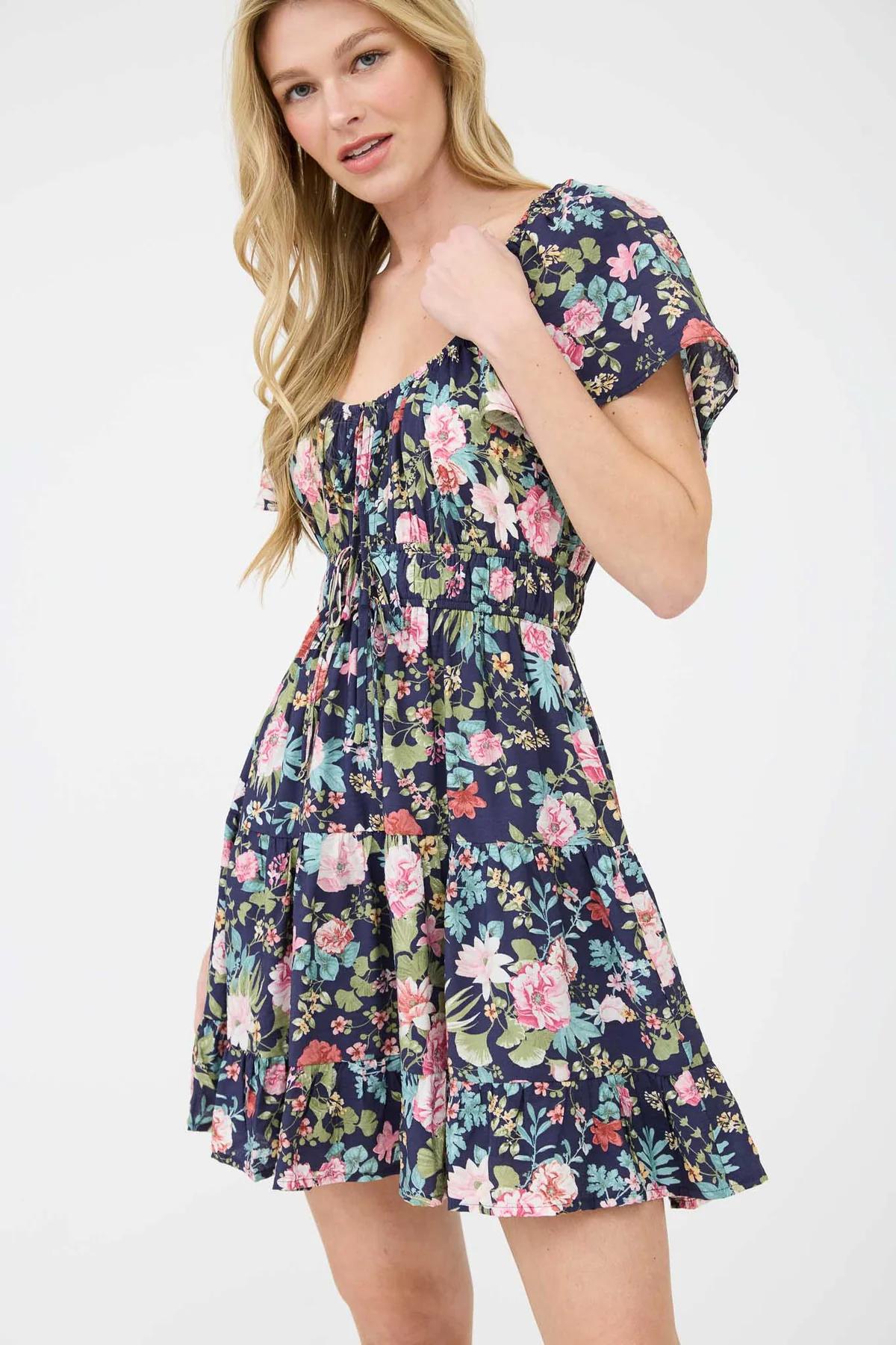 NAVY FLORAL FRONT TIE TIERED MINI DRESS