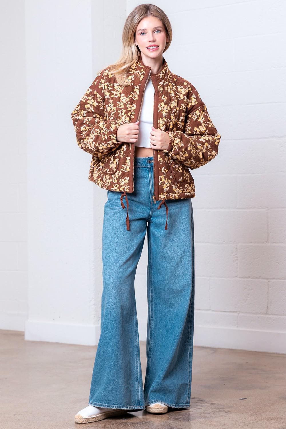 High-Neck Printed Corduroy Quilting Jacket