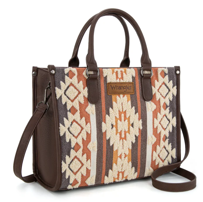 Wrangler Sherpa Aztec Canvas Tote/Crossbody - Coffee