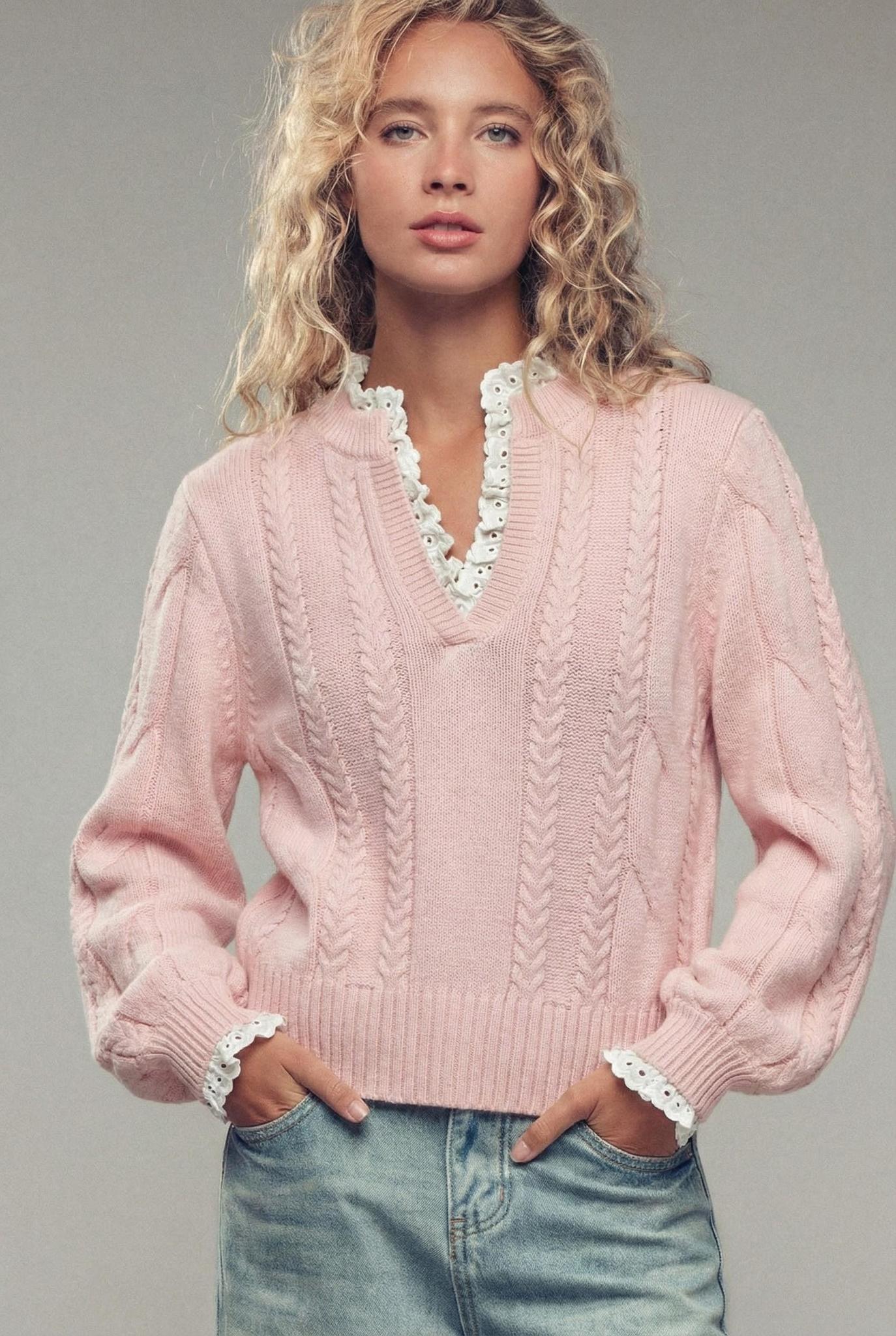 Cable Knit Lace Trim Casual Top