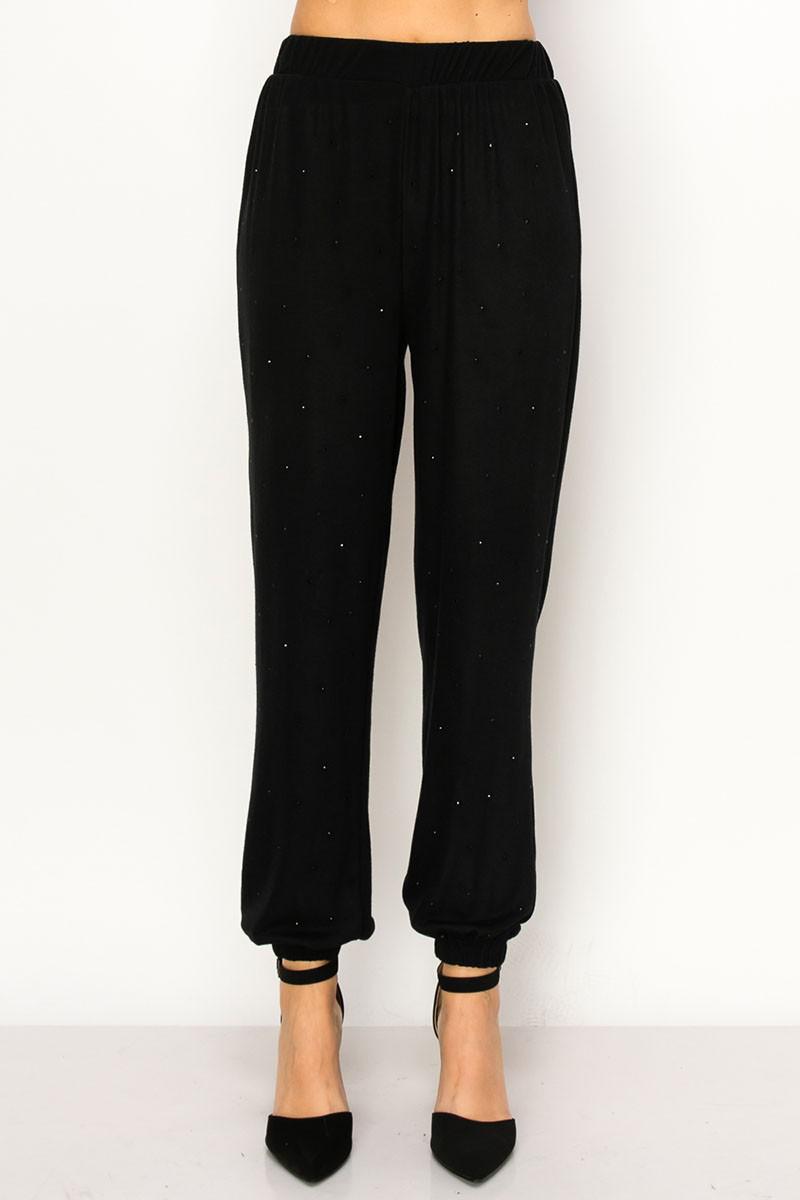 Mid Rise Rhinestone Hacci Knit Jogger Pants