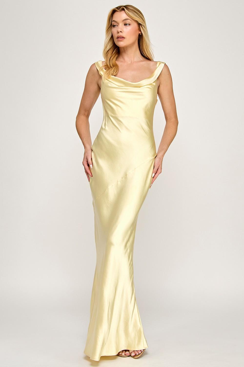 BUTTER COWL NECK SATIN MAXI DRESS