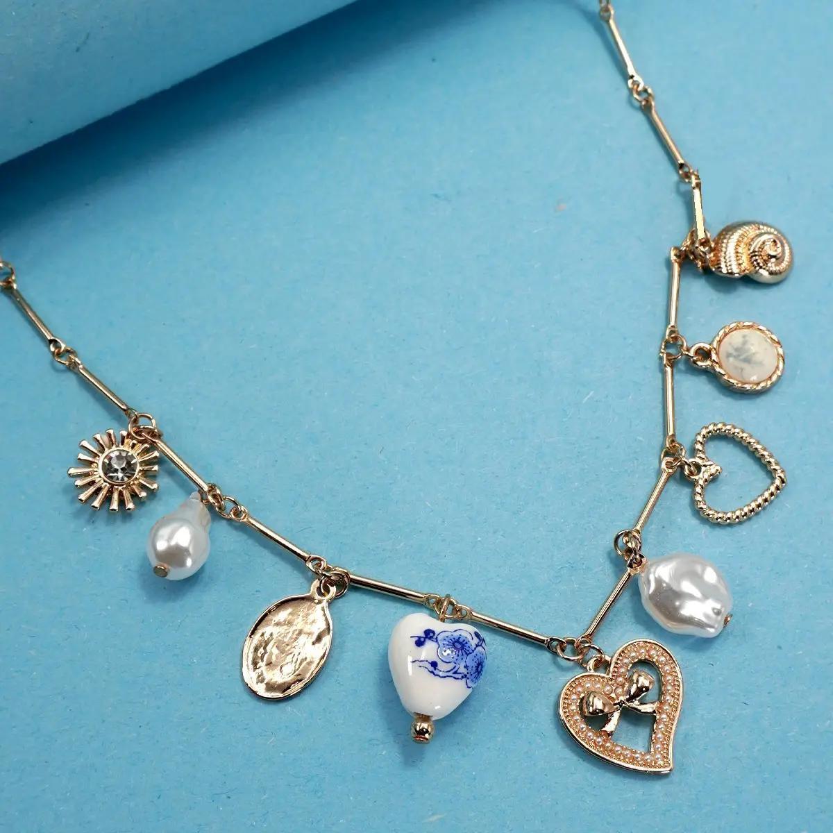 Charm Necklace-Ceramic Porcelain Heart Pearl