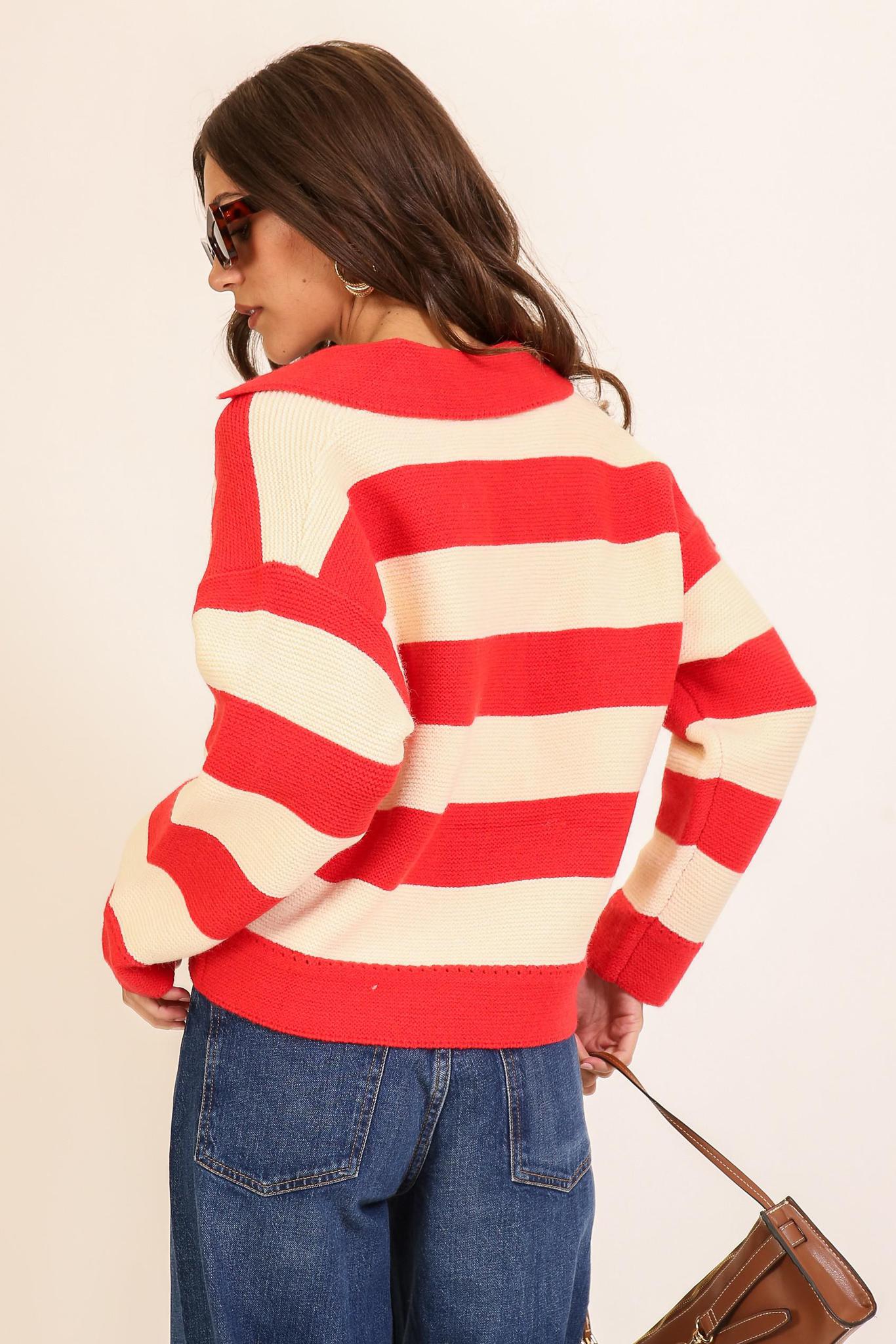 Red Striped V-neck Sweater with Collar