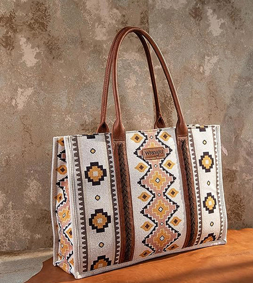 Wrangler Southwestern Pattern Dual Sided Print Canvas Wide Tote Coffee