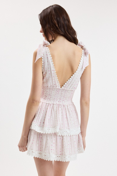 Border Stripe Tie Strap Layered Lace Mini Dress