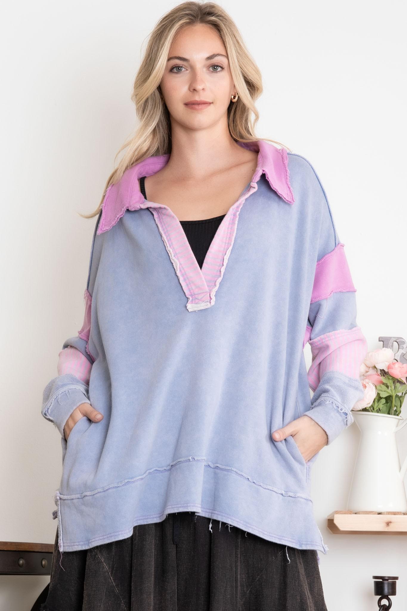 Washed Multi Fabric Collar Pullover