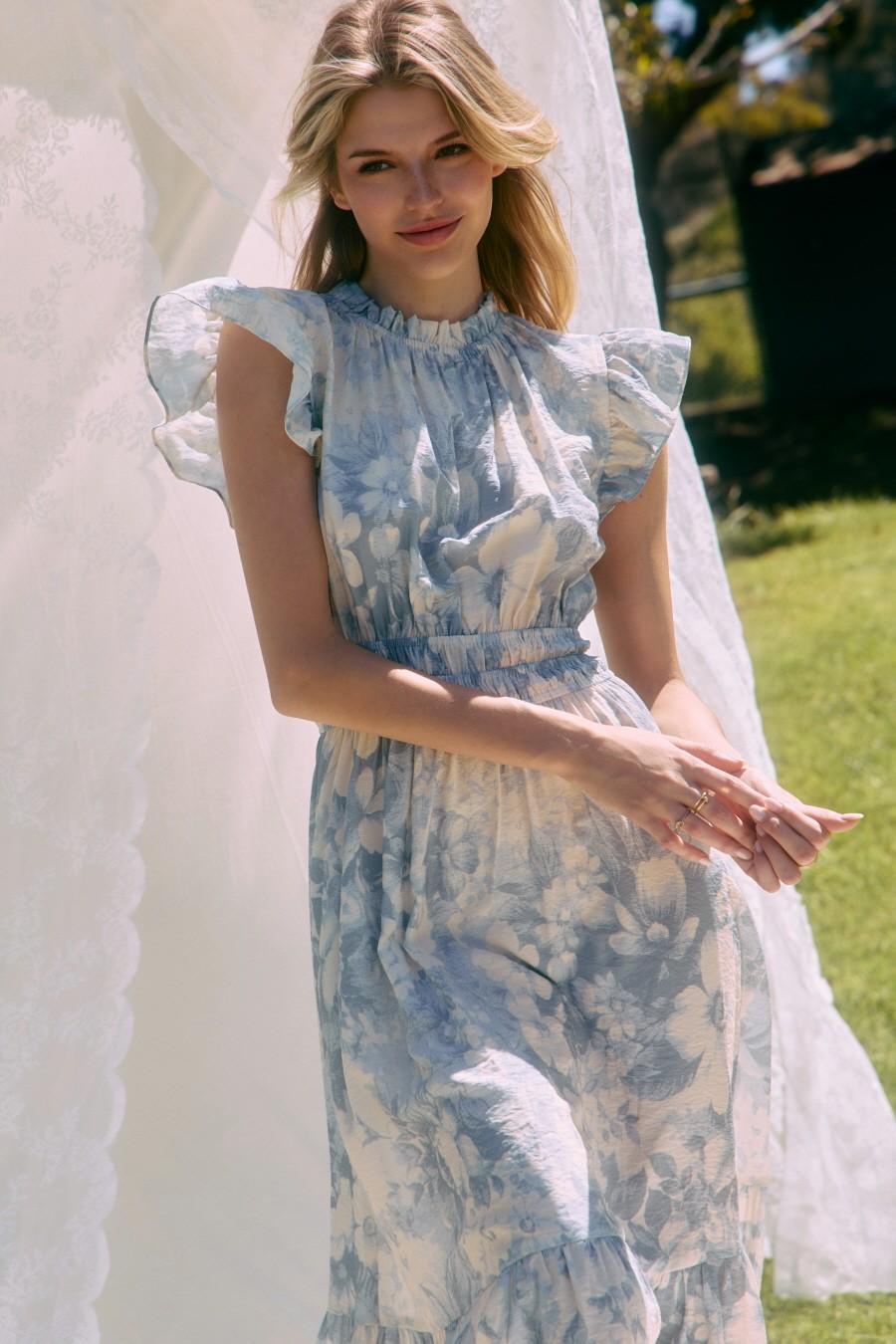 floral sky blue dress Light Blue Long A-Line Prom Dress with Flowers Sky Blue / Small
