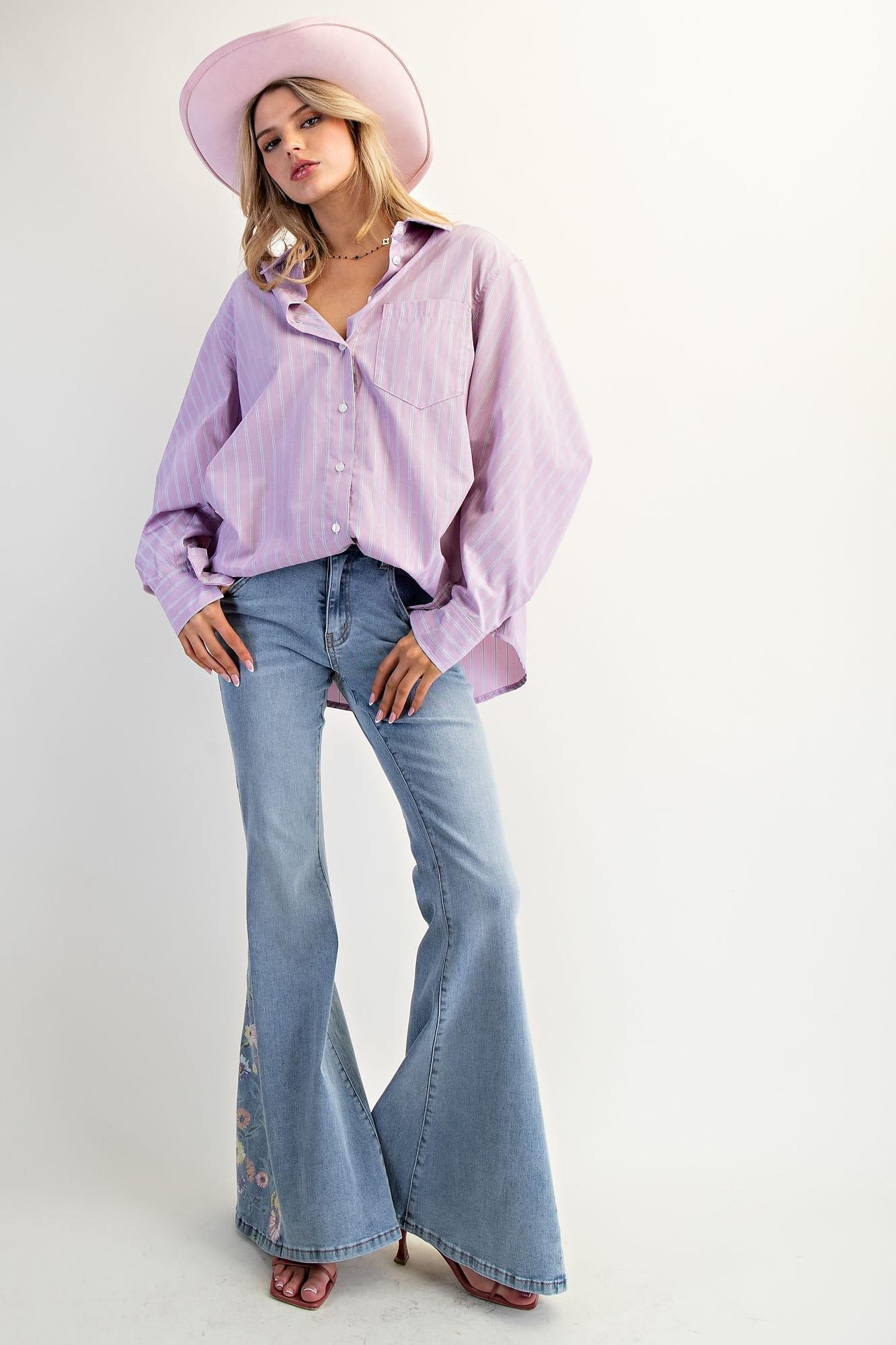 Floral Bell Bottom Washed Denim Pants