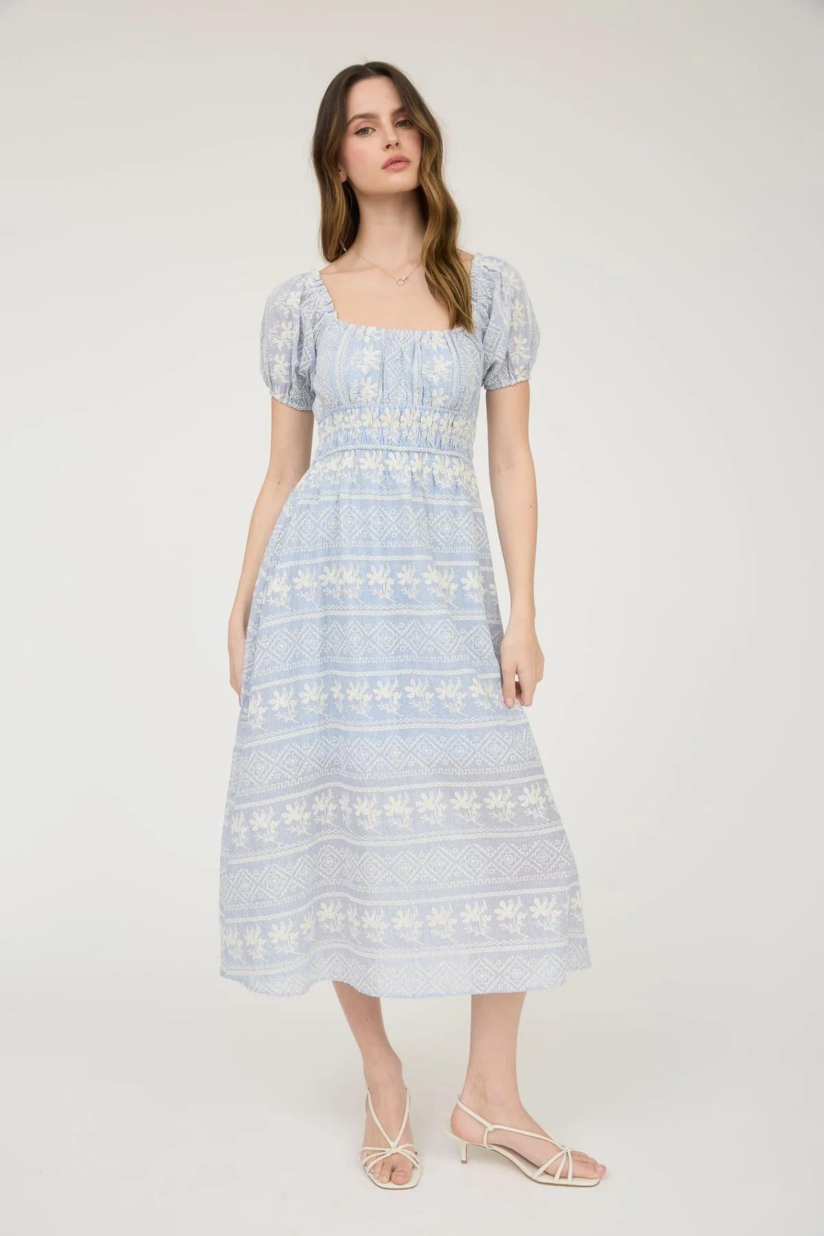 STRIPE FLORAL EMBROIDERY BLUE MAXI DRESS