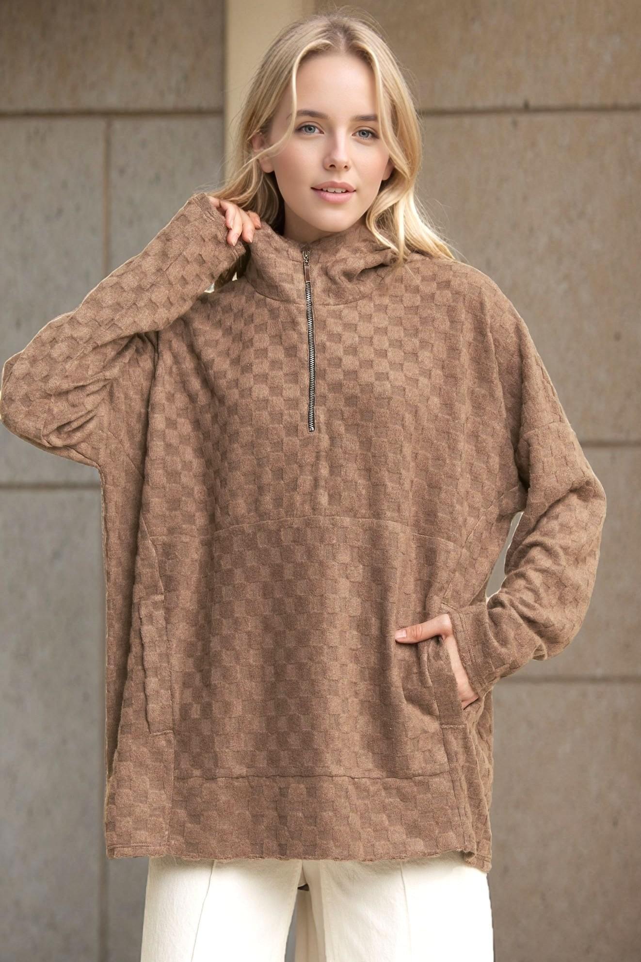 Mocha Half Zipper Mock Neck Hoodie