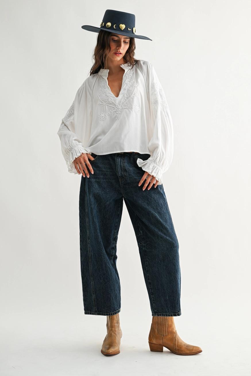 Boho-Chic Embroidered White Peasant Blouse