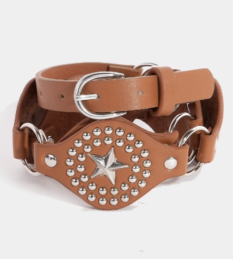Metallic Rivet & Star Faux Leather Chain Belt