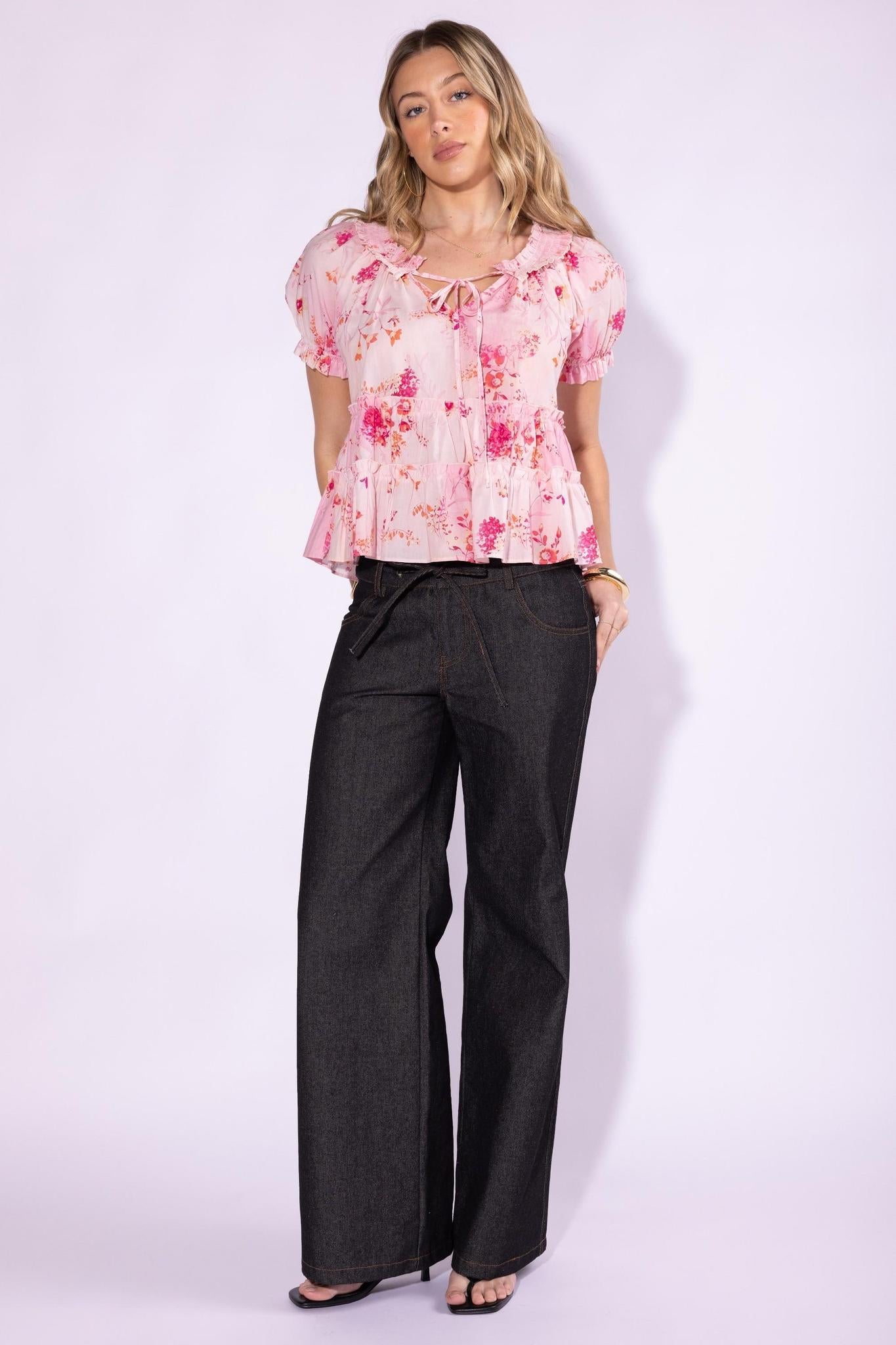 Puff Sleeve Flower Print Babydoll Top - Pink