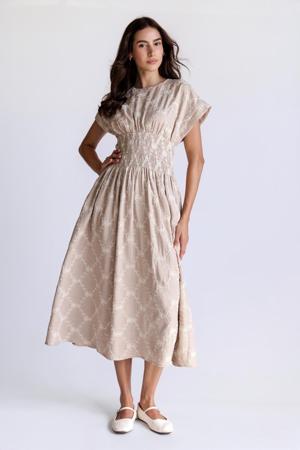 Beige/Ivory Embroidered Smocked Midi Dress