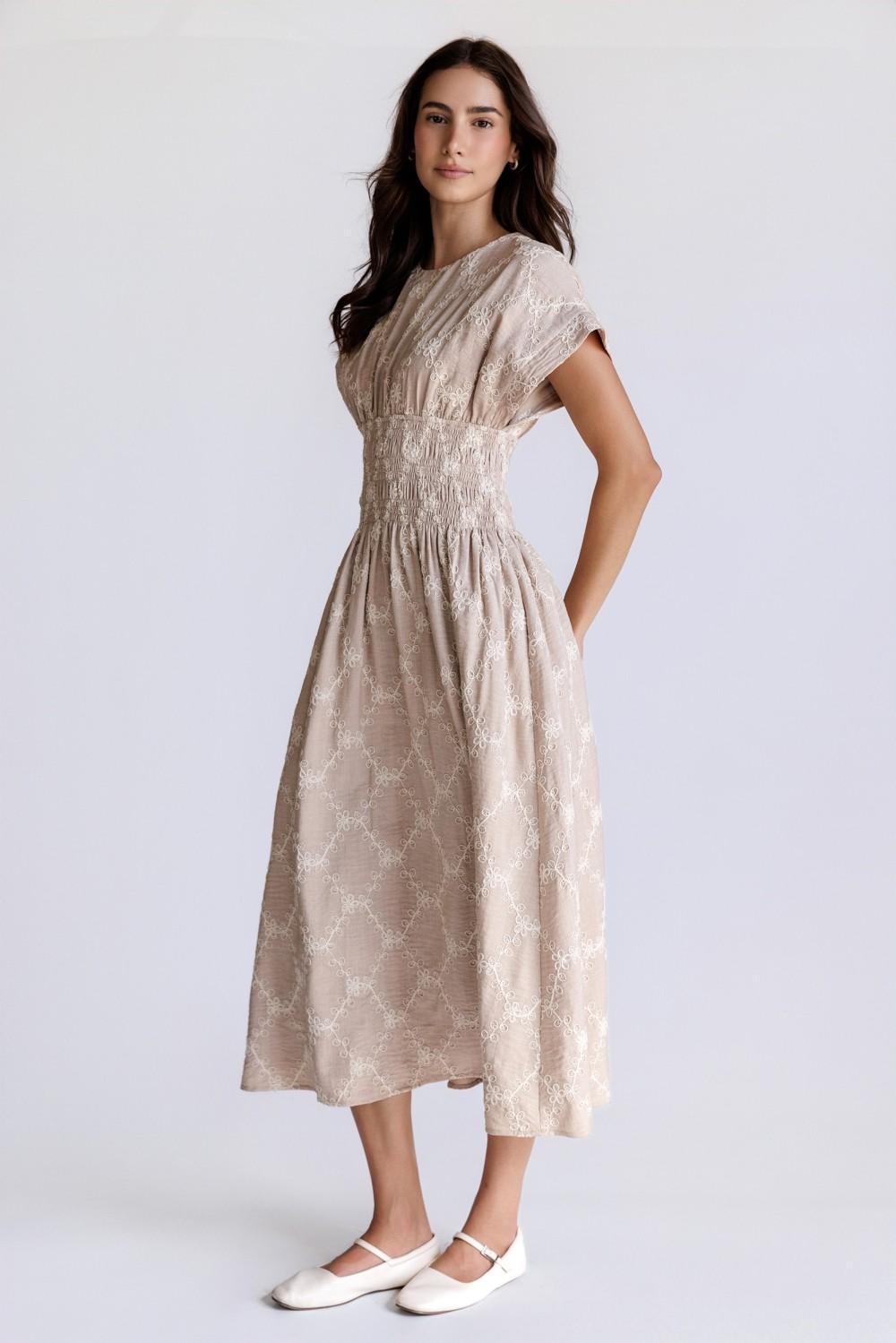 Beige/Ivory Embroidered Smocked Midi Dress
