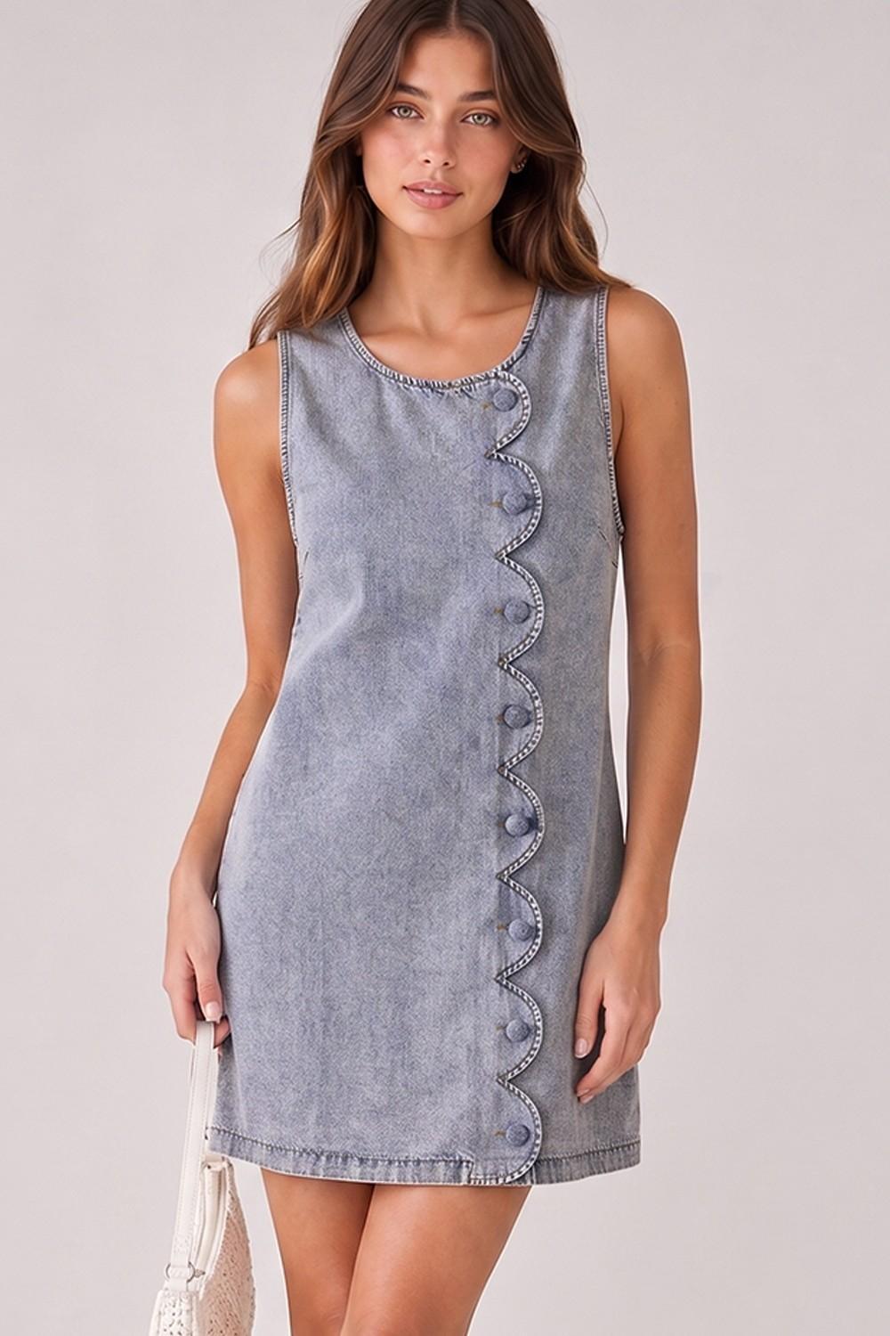 Scallop Button Washed Denim Mini Dress