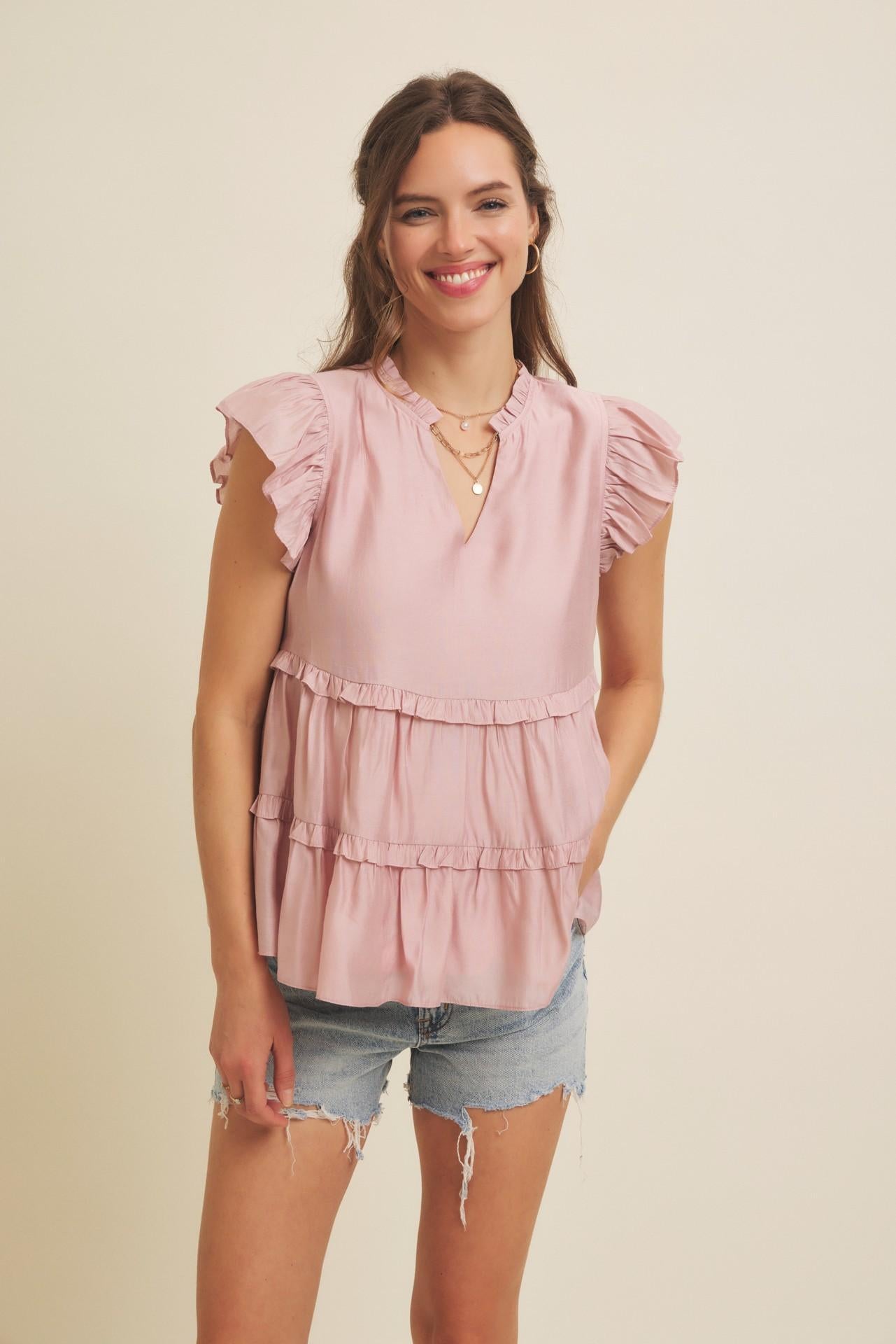 Dusty Rose Tiered Ruffle Flare Blouse With Ruffles