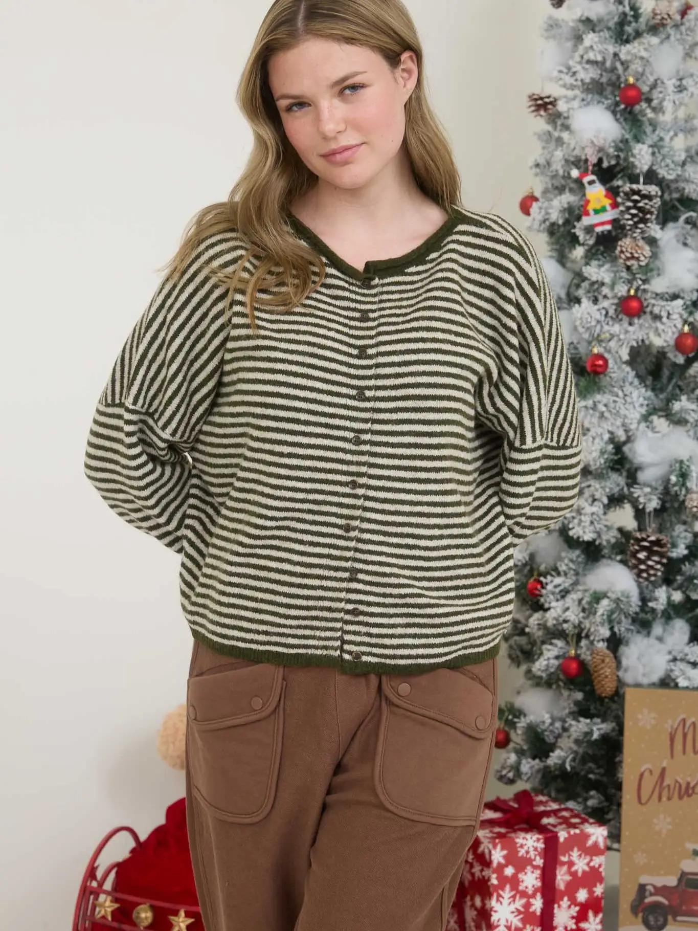 Stripe Raw Edge Drop Shoulder Knit Cardigan