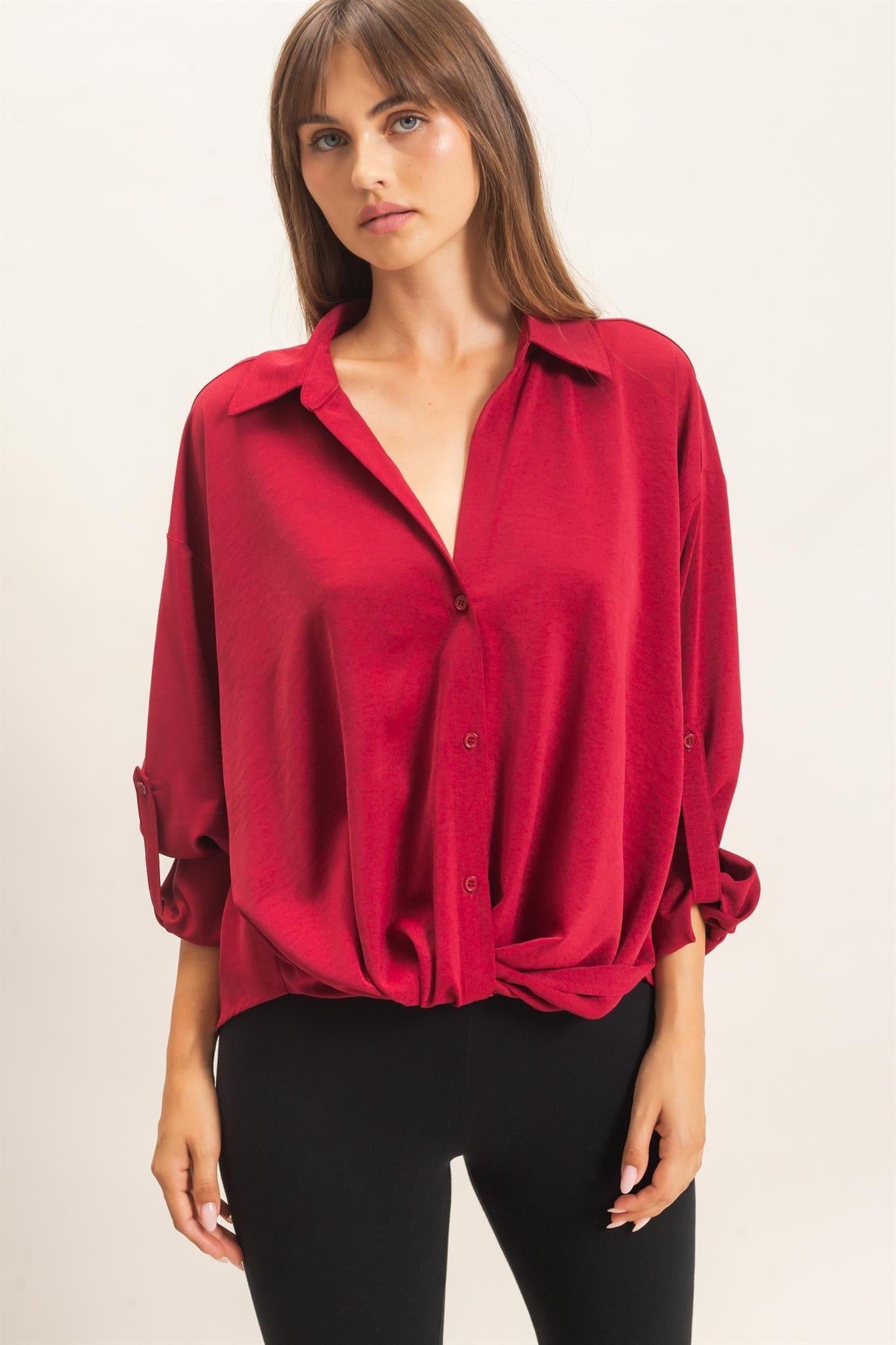 Burgundy Button-up Dolman Sleeve Top