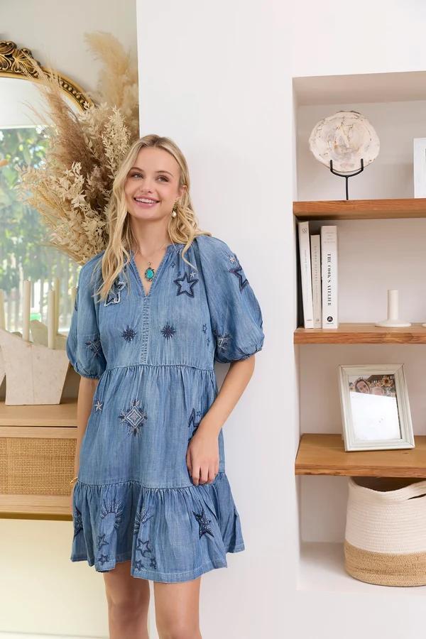 Prairie Hymn Embroidered Dress in Dusty Blue