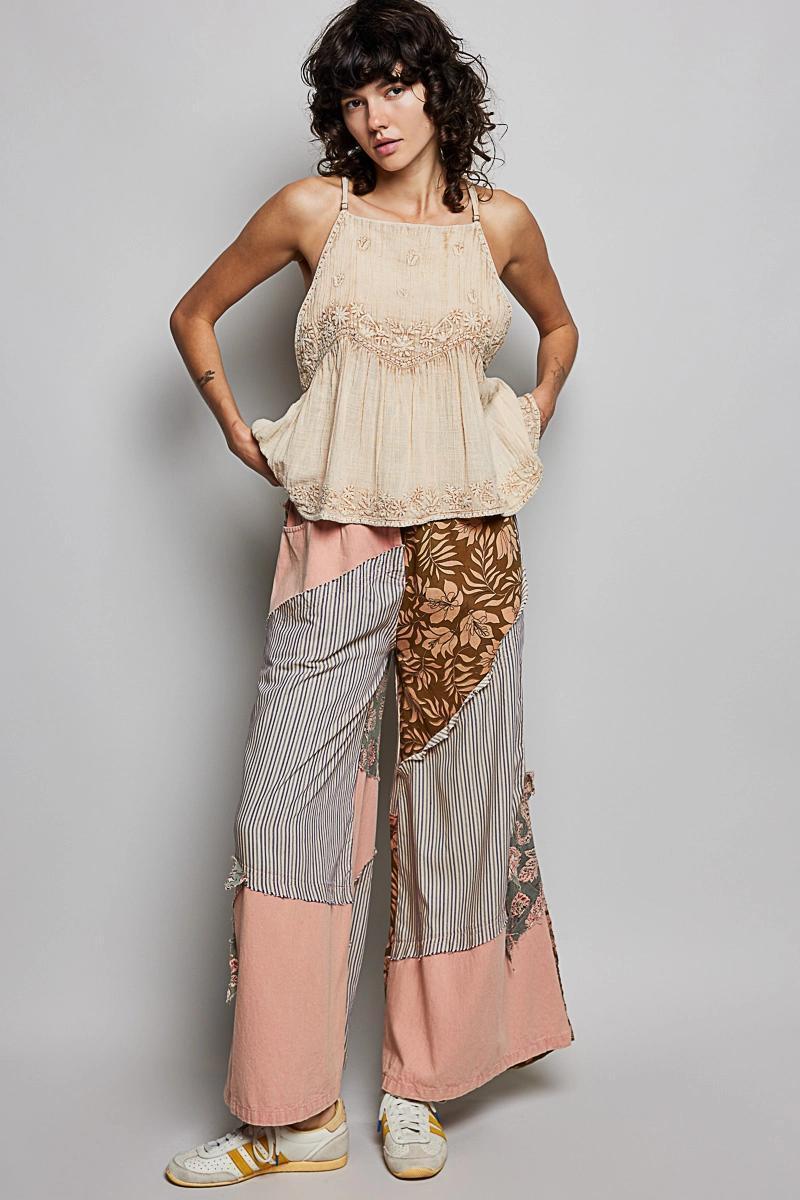 Square Neck Sleeveless Washing Effect Floral Embroidered Top