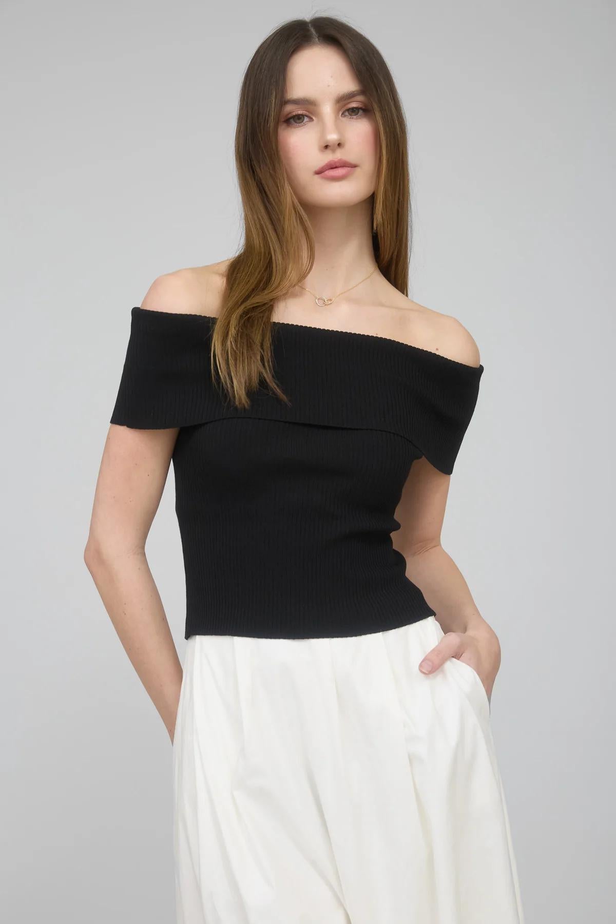 OFF THE SHOULDER FOLD OVER KNIT TOP