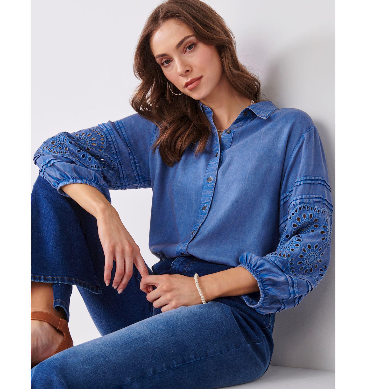 Embroidered Tencel Button Up Shirt in Blue
