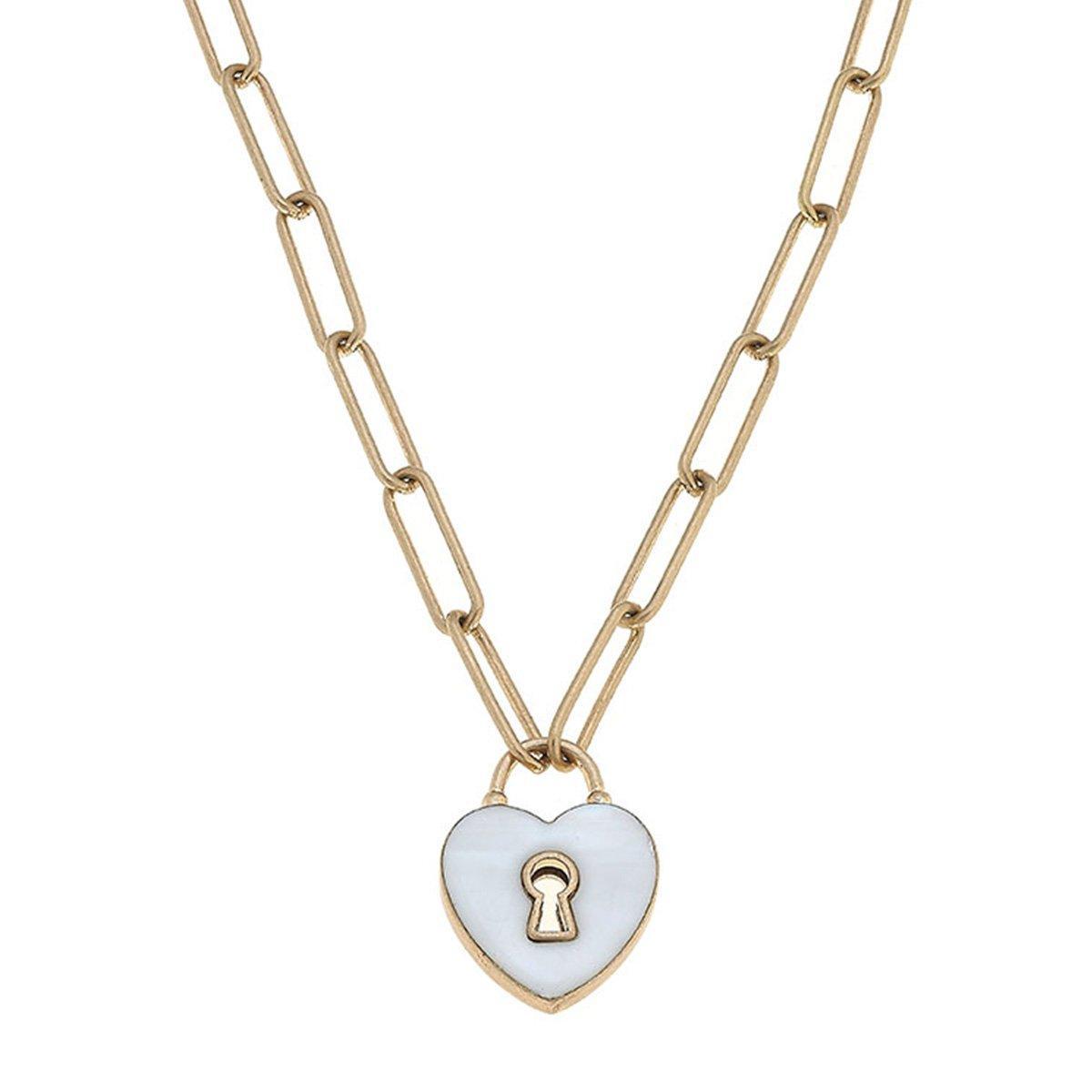Monclér Enamel Heart Padlock Necklace in White