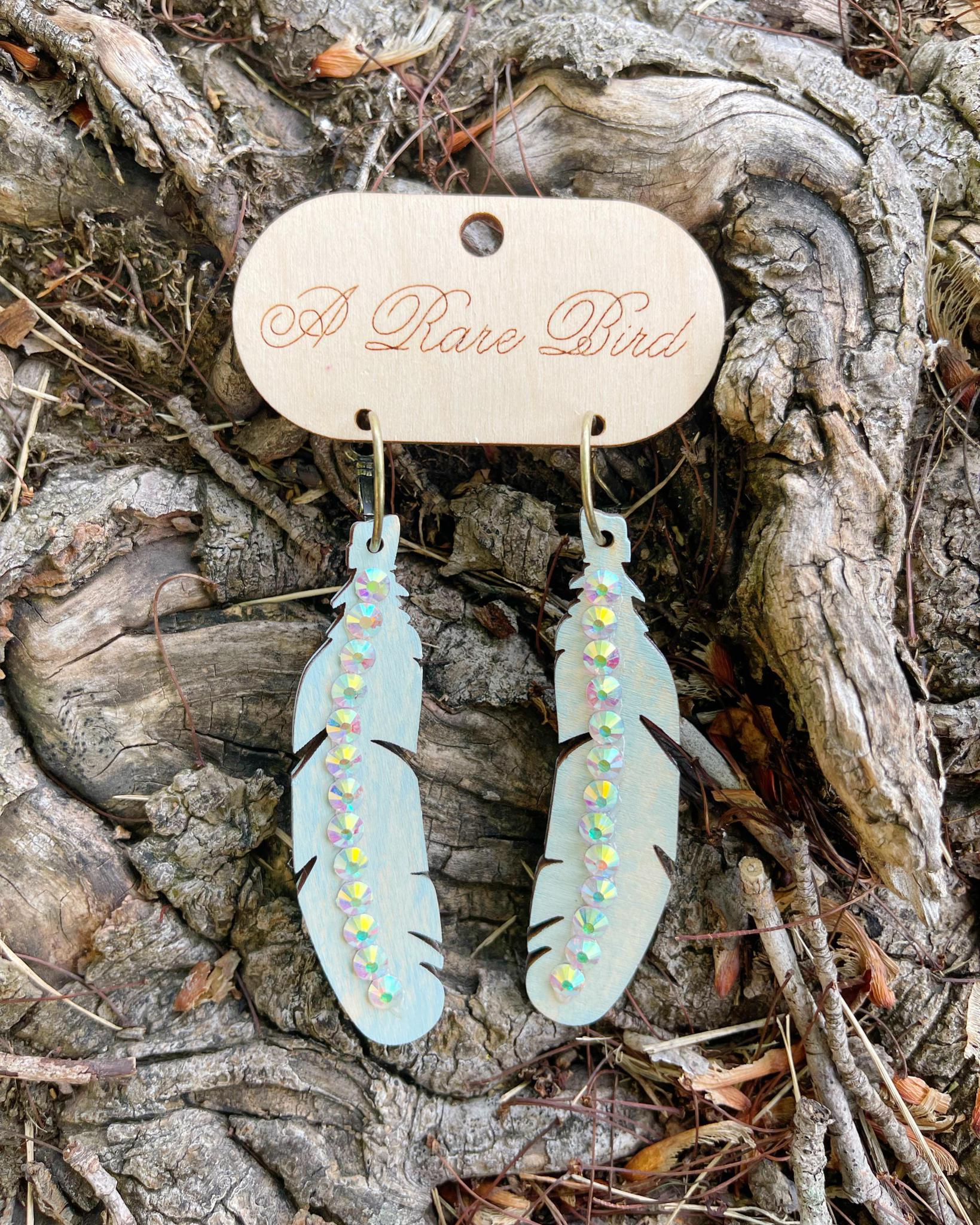 Crystal Feather Wood Earrings