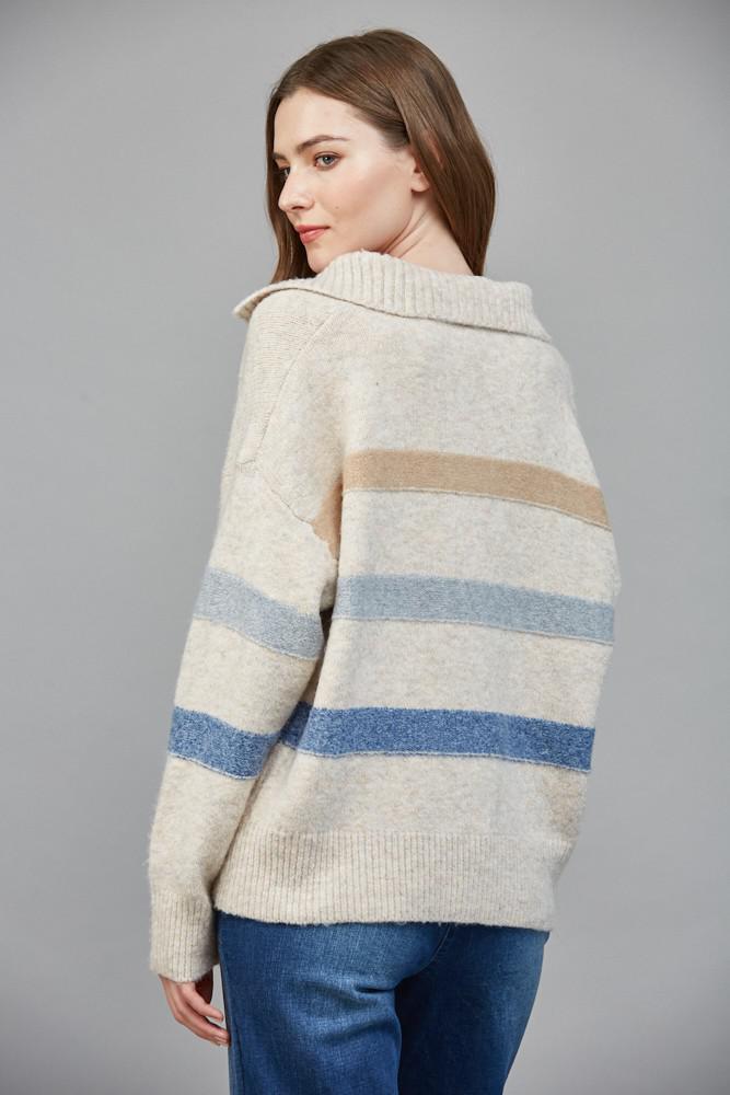 Ribbed Wide Collar With V-slit Striped Sweater