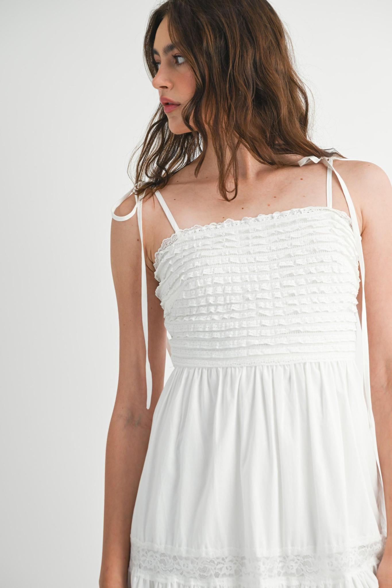 Ruffle Textured Self Tie Lace Trim Midi Dress