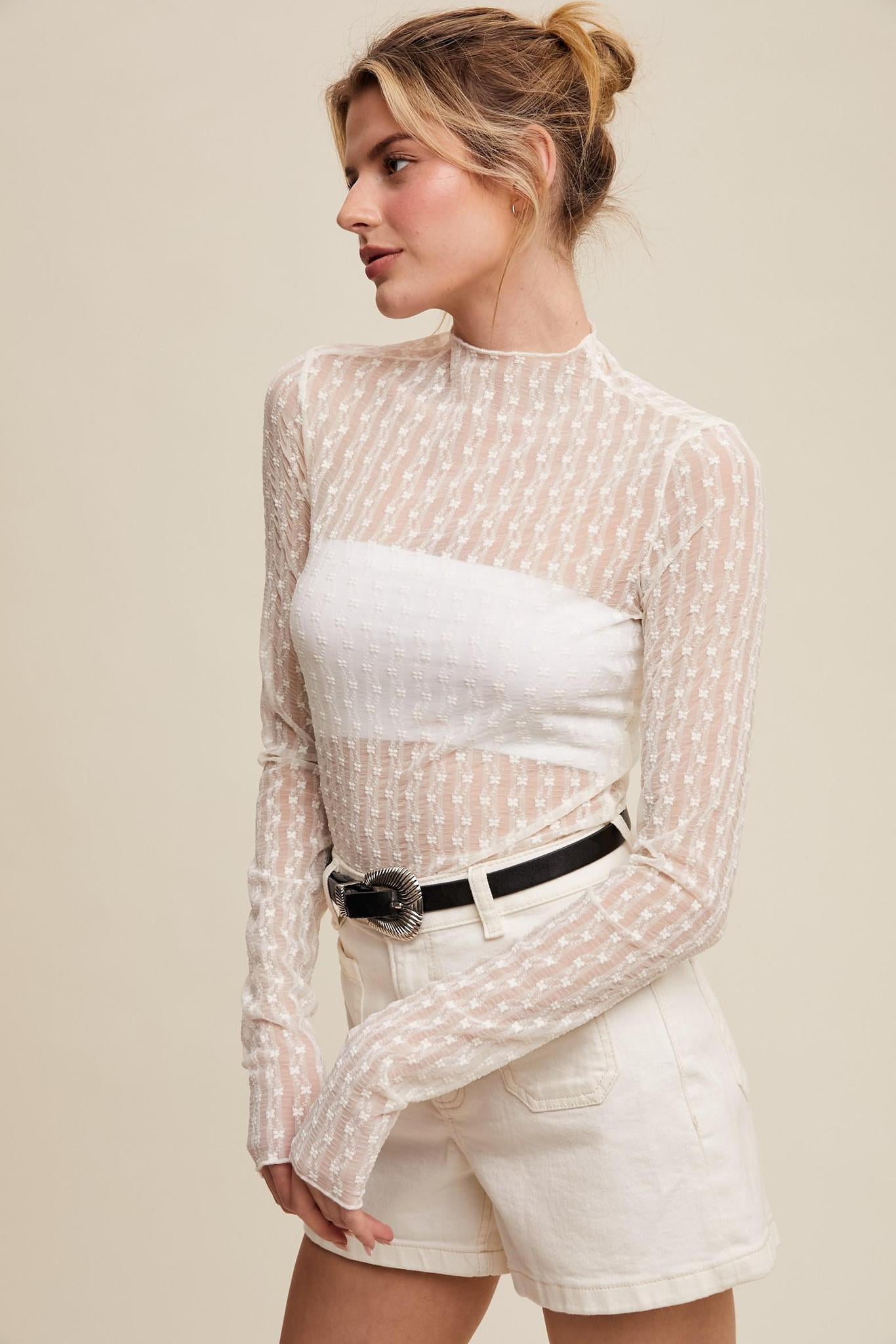 Sheer Textured Lace Long-sleeve Top
